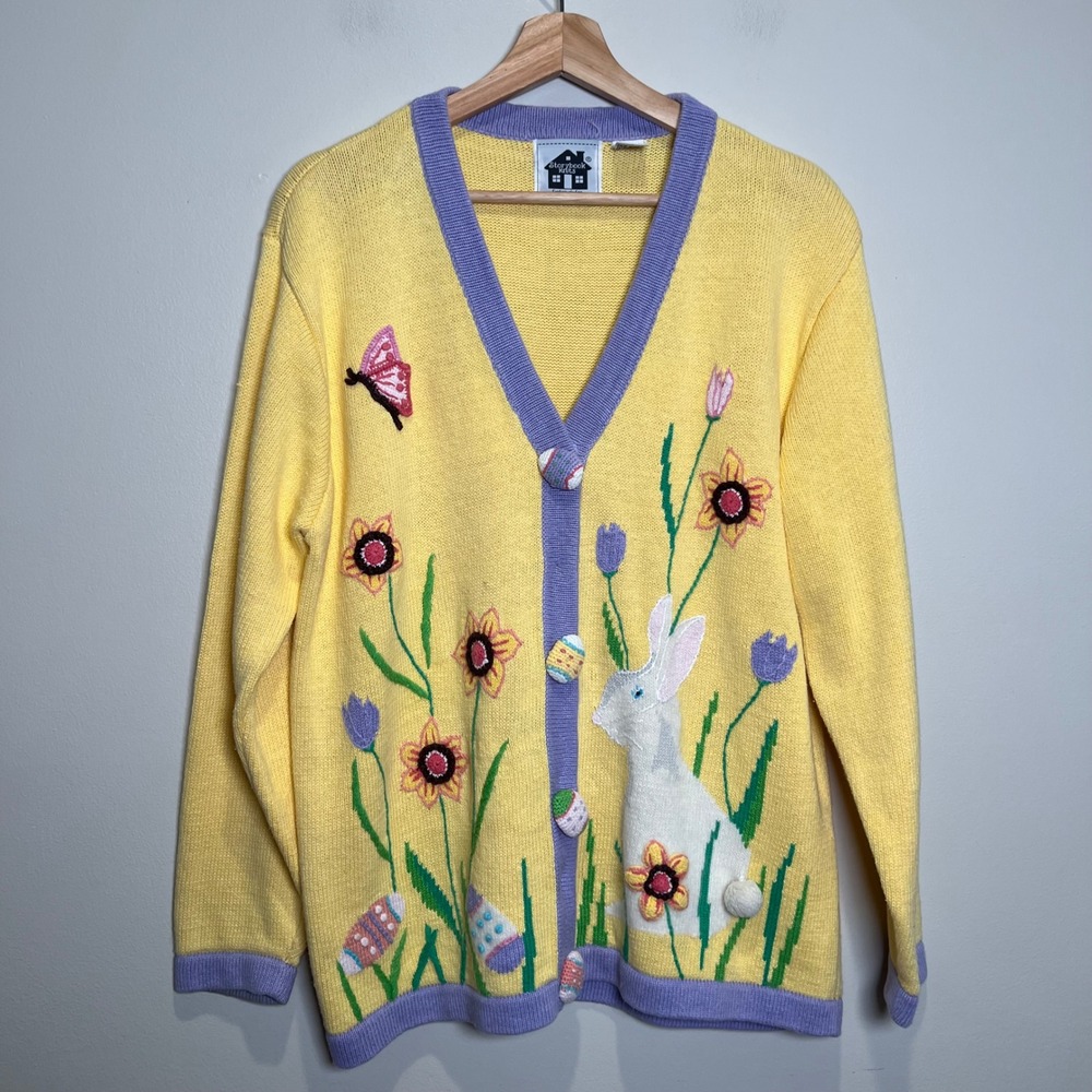 VTG Storybook Knits Cardigan Women L Yellow Easter Rabbit Floral V-Neck Whimsy